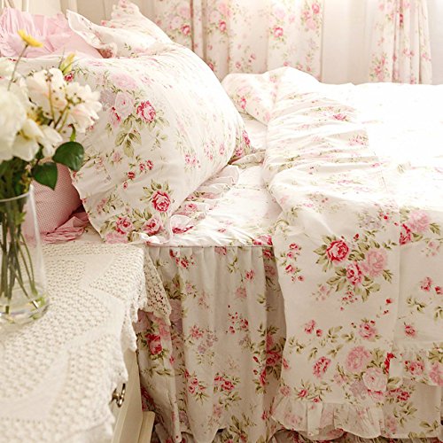 可愛い薔薇模様綿100％掛け布団カバー シングル+フリル枕カバー2枚